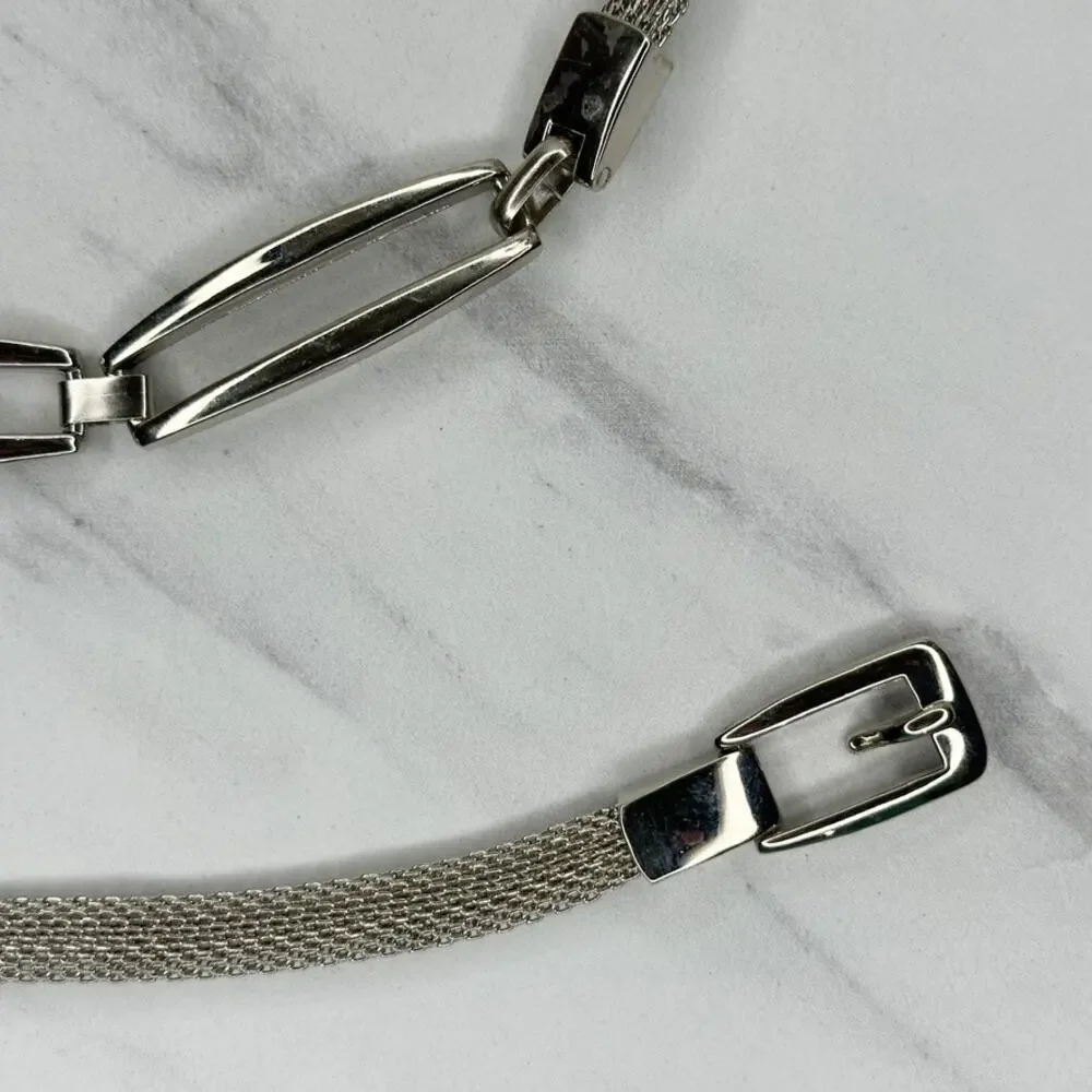 Silver Tone Metal Mesh Chain Belt Oval Bar Stations Buckle Large (L) ✨